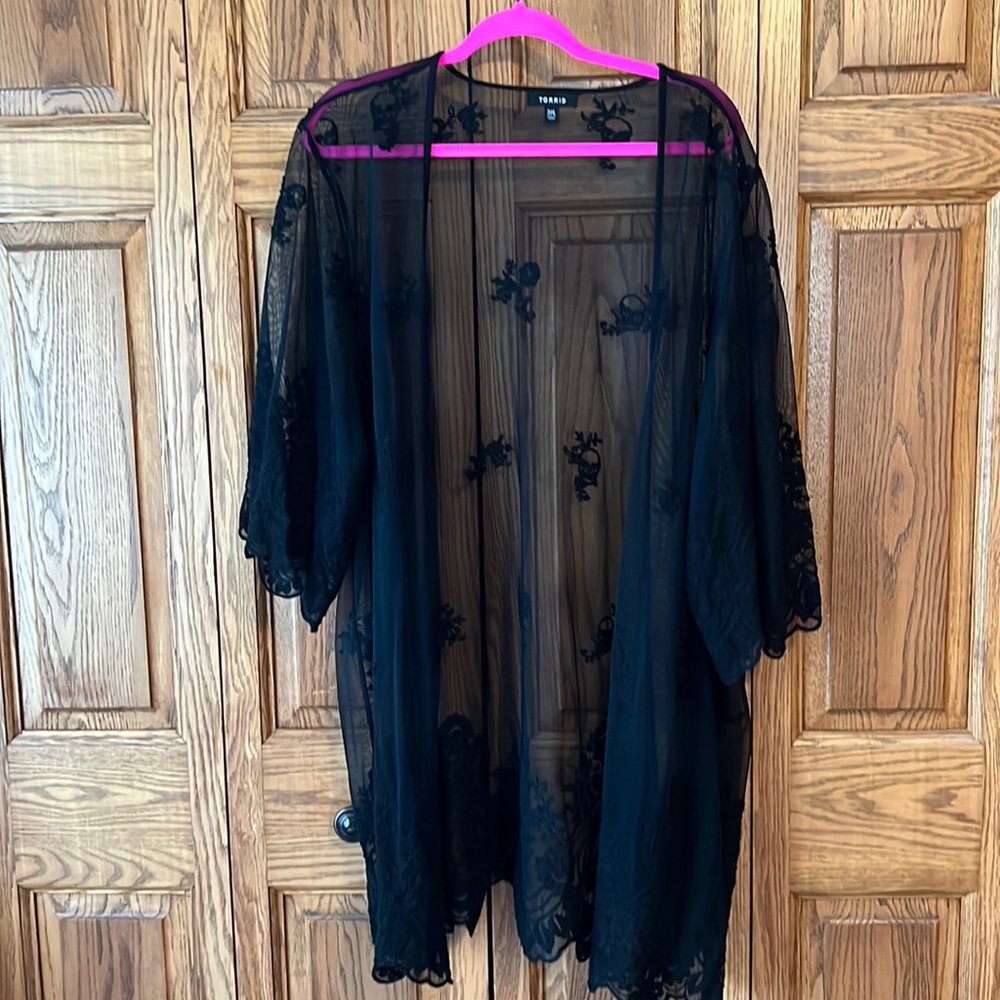 Sheer black embroidered kimono, Torrid 3/4